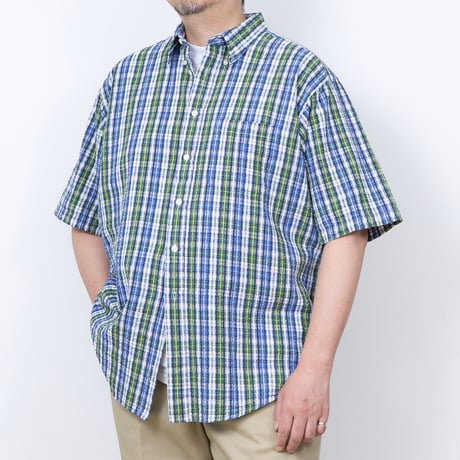 【USED】1990s CLUB ROOM : Seersucker Plaid BD S/S Shirt : XXL