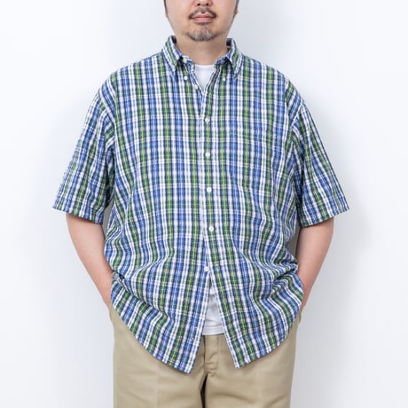 【USED】1990s CLUB ROOM : Seersucker Plaid BD S/S Shirt : XXL