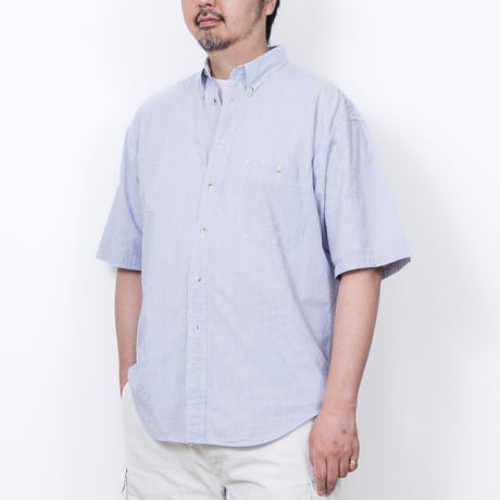 【USED】1990s Eddie Bauer : Cotton Seersucker Stripe BD S/S Shirt : XL