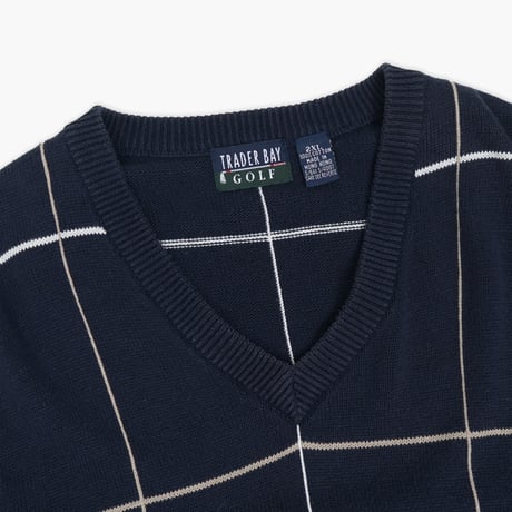 【USED】1990s TRADER BAY GOLF : Cotton Plaid V-Neck Vest : XXL