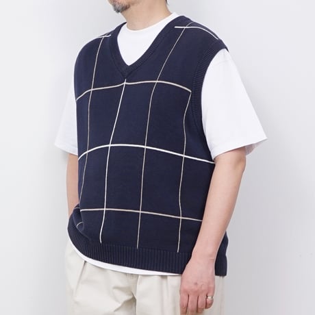 【USED】1990s TRADER BAY GOLF : Cotton Plaid V-Neck Vest : XXL