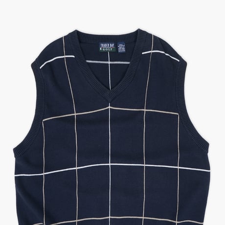 【USED】1990s TRADER BAY GOLF : Cotton Plaid V-Neck Vest : XXL