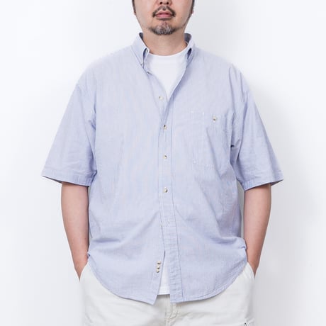 【USED】1990s Eddie Bauer : Cotton Seersucker Stripe BD S/S Shirt : XL