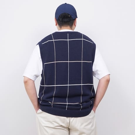 【USED】1990s TRADER BAY GOLF : Cotton Plaid V-Neck Vest : XXL