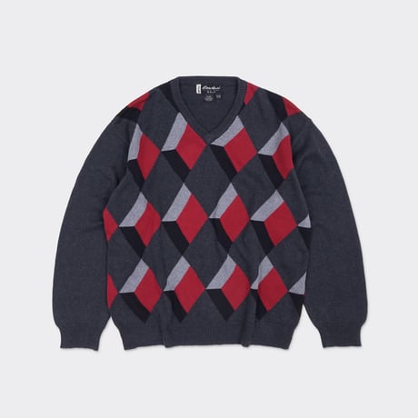 【USED】1990s Eddie Bauer (EBTEK) / Argyle Cotton V-Neck Sweater / XL