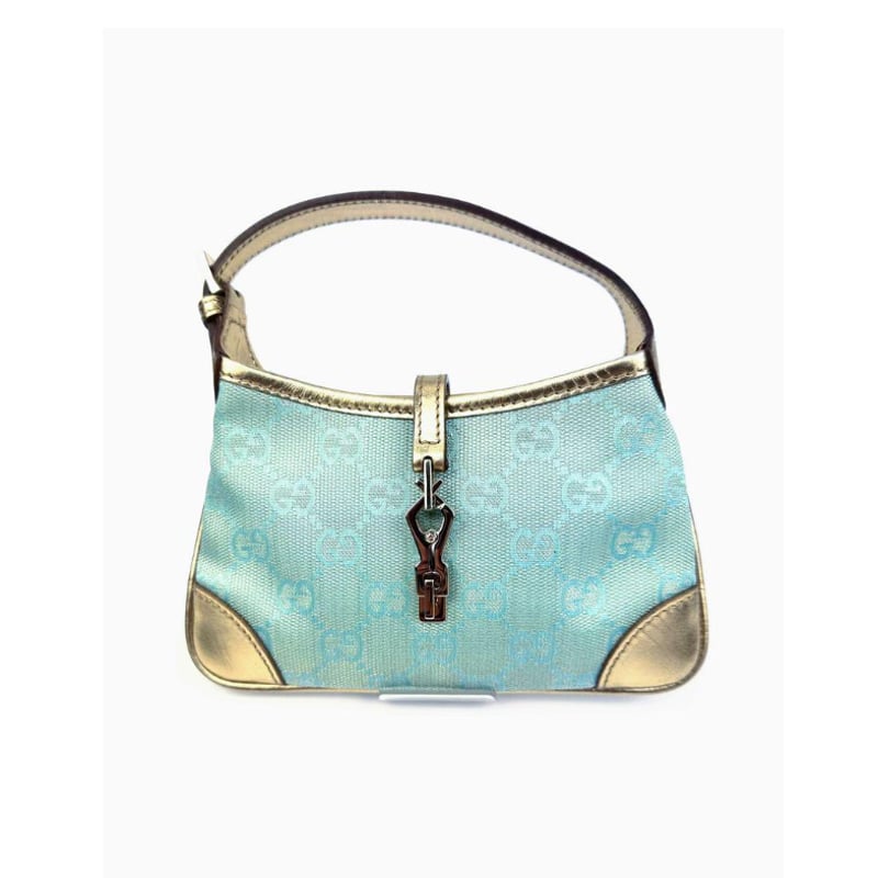 GUCCI グッチ GGキャンバスレザー イブニングバッグ 水色×ゴールド