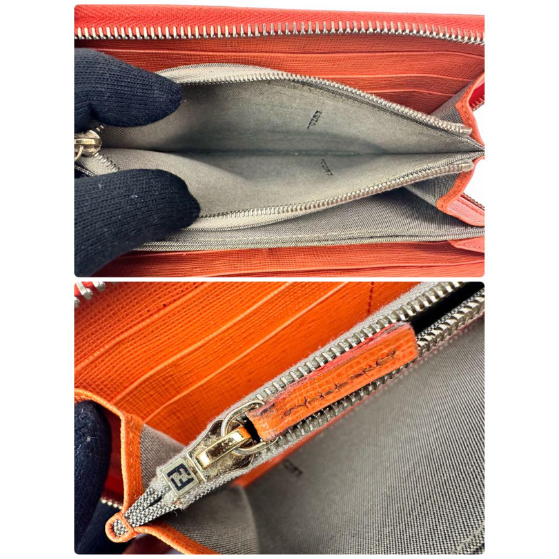 FENDI フェンディ レザー長財布 ラウンドジップ ロゴプレート オレンジ
