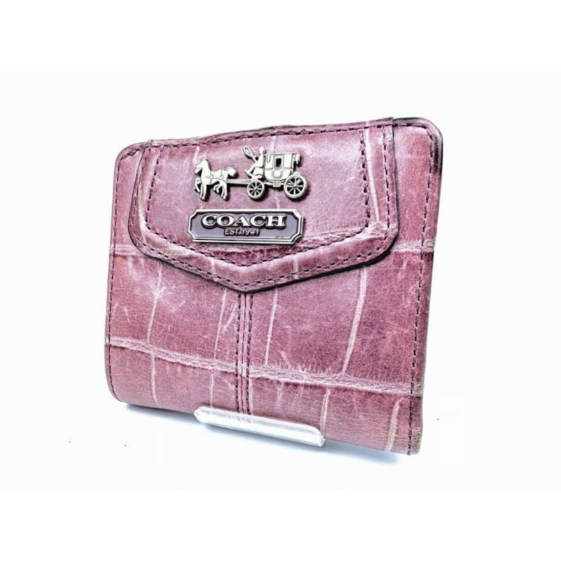 コーチ クロコ型押しレザー ２つ折り財布 ミニウォレット 赤紫 ピンク