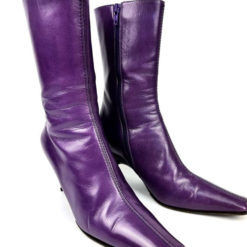 ミュウミュウ ジップアップロングブーツ 37 約24cm パープルレザー 紫