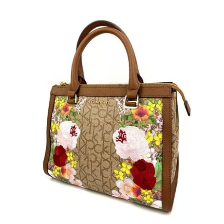 カルバンクライン ハンドバッグ フラワー　花柄　刺繍　ブラウン　茶　レザーバッグ