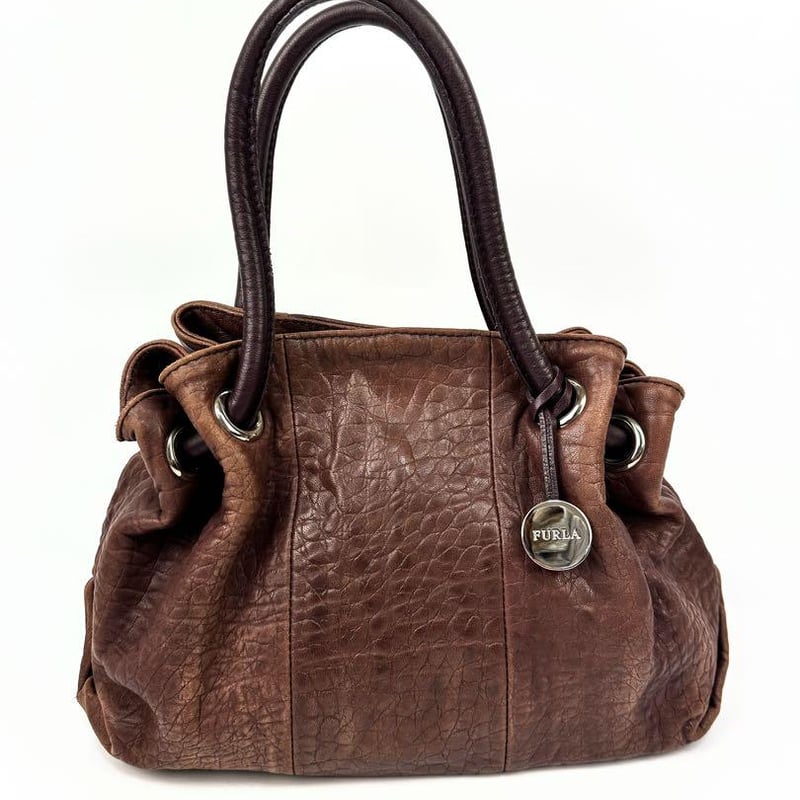 フルラ 巾着 型押しレザー トートバッグ ブラウン MacBook Air 茶革