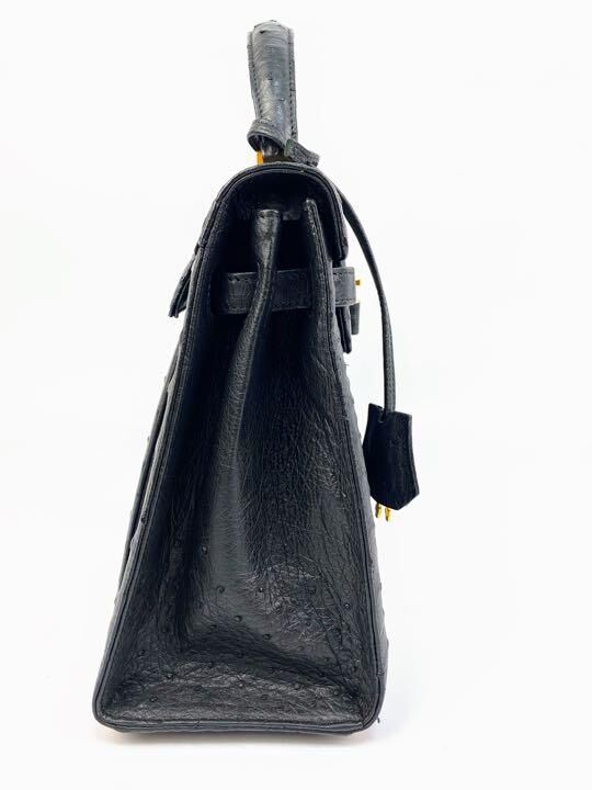 極美品 オーストリッチ ハンドバッグ トップハンドル ブラック　南京錠　カデナ 極美品 オーストリッチ ハンドバッグ トップハンドル ブラック