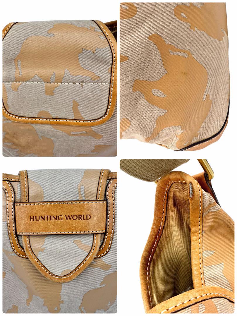ハンティングワールド 総柄 キャンバス レザー ショルダーバッグ ダークブラウン HUNTING WORLD/ハンティングワールド】 ショルダーバッグ PVC
