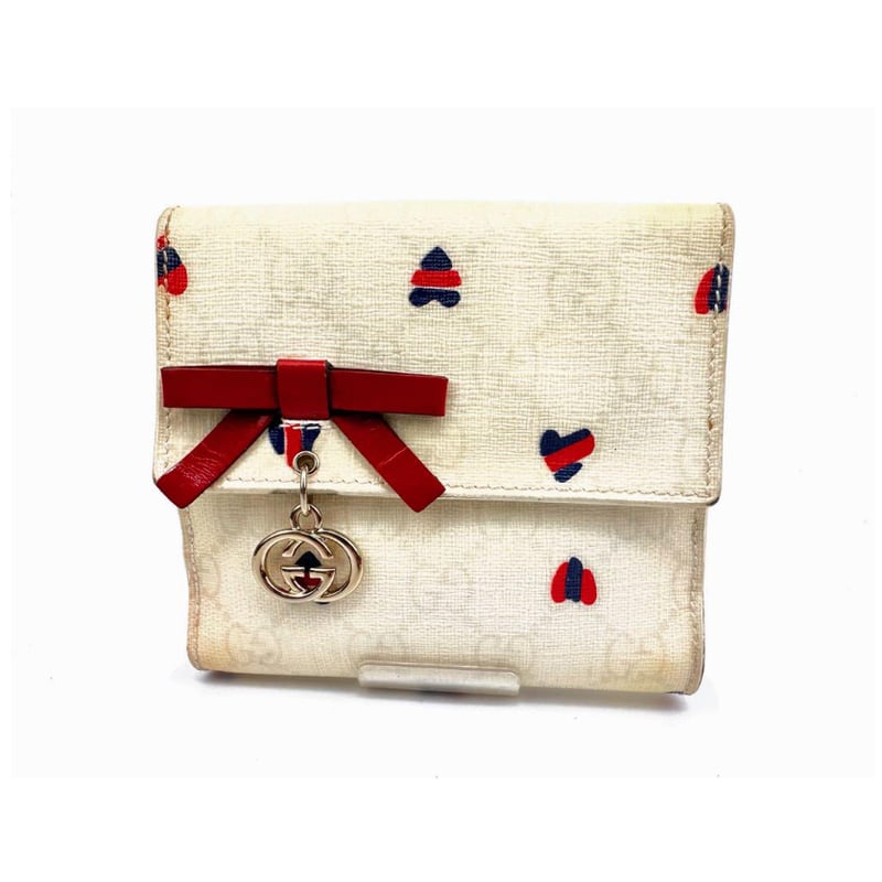 GUCCI グッチ GG PVCレザーリボン ハート二 つ折り財布 ホワイト GUCCI グッチ GG PVCレザーリボン ハート二 つ折り財布 ホワイト