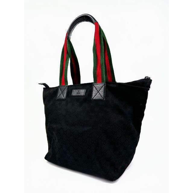 GUCCI◇グッチ ウェビングライン トートバッグ ハンドバッグ レザー 黒 グッチ GGキャンバスレザーブラック シェリーライン ウェビング