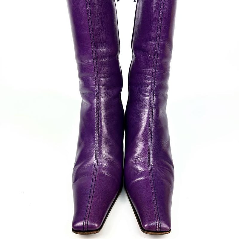 ミュウミュウ ジップアップロングブーツ 37  約24cm パープルレザー　紫革