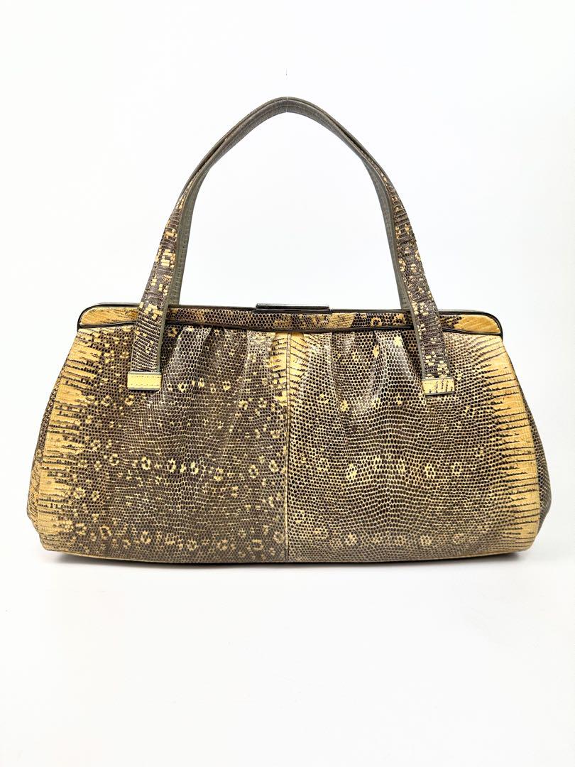 【美品】リザード 蜥蜴革/クロシェットカギ・南京錠付/ミニ ハンドバッグ 希少品入手困難 リザードトカゲ、リングマークトカゲ アニマル 革