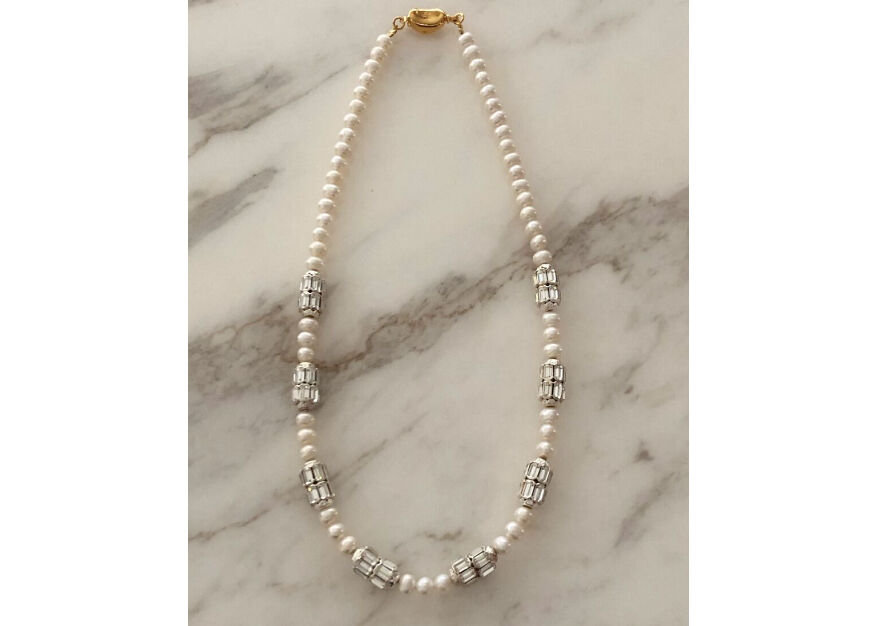 Timeless Pearly】パール×エメラルドカットビジューモチーフネックレス