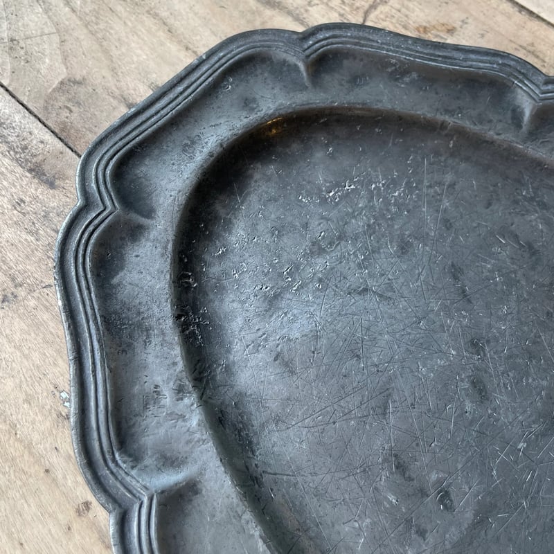 アンティーク ピューターオーバルプレート フランス 花リム ピューター 花リムオーバルプレート フランスアンティーク 31.5m