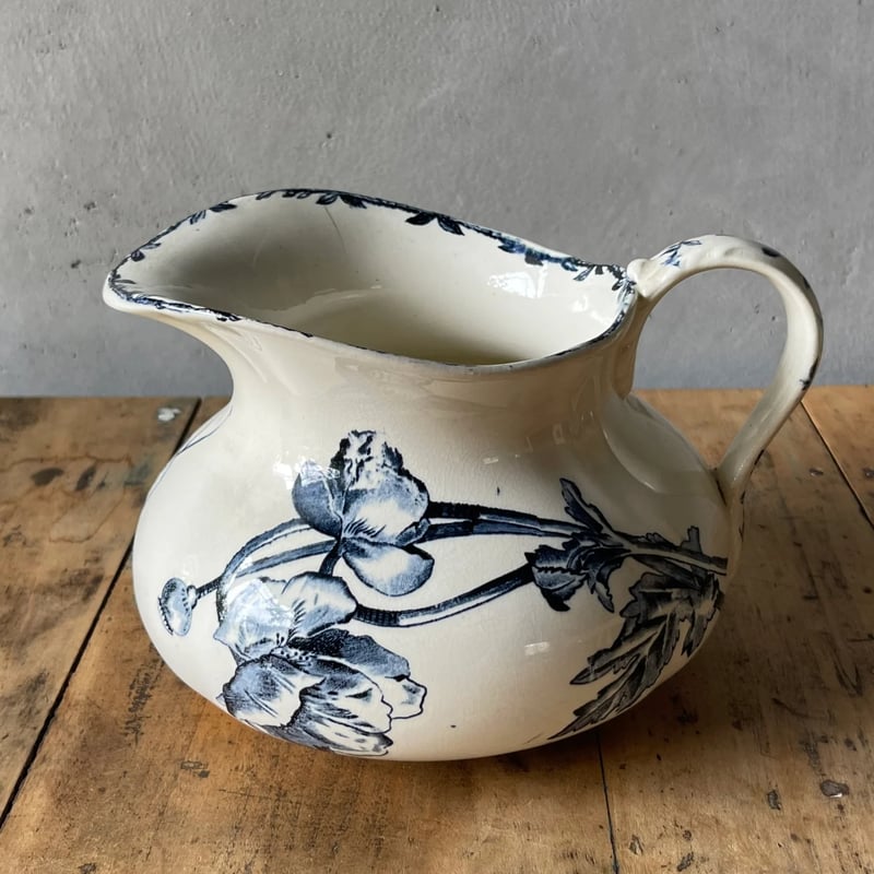 H.BOULENGER＆Cie 陶器ピシェ 花柄ブルー フランスアンティーク ②