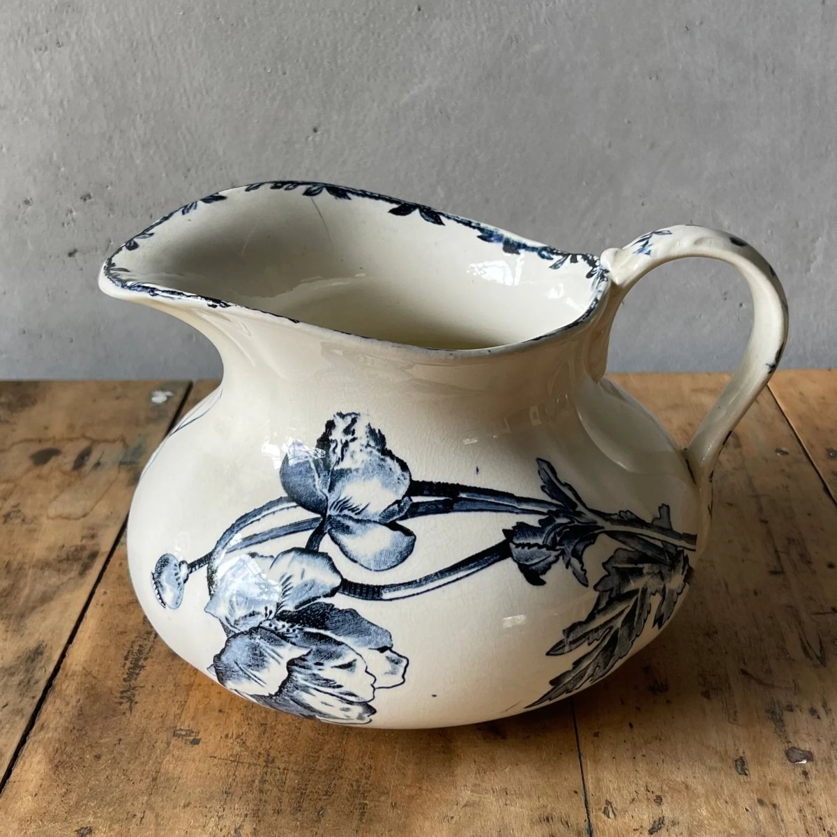 H.BOULENGER＆Cie 陶器ピシェ 花柄ブルー フランスアンティーク ②