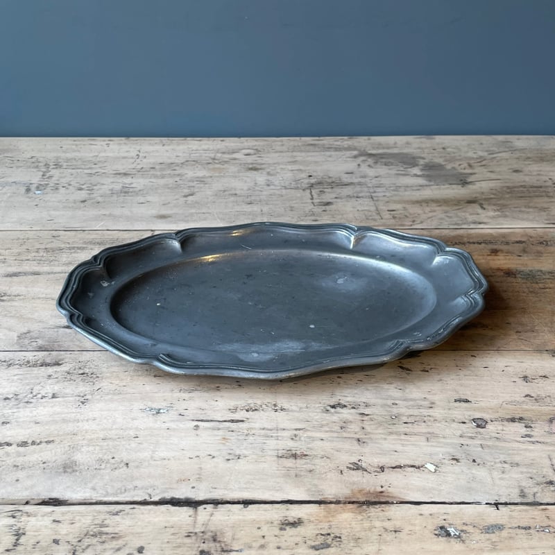 ピューター 花リムオーバルプレート 26.5cm フランスアンティーク ⑲