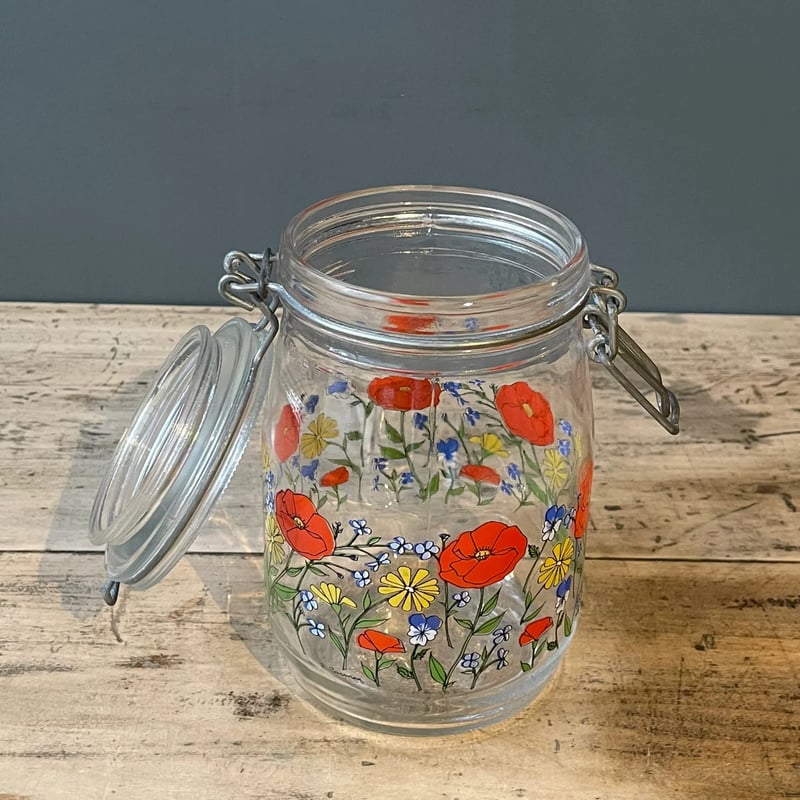 花柄 蓋付きガラス保存瓶 キャニスター 1L フランスビンテージ