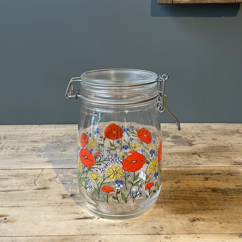 花柄 蓋付きガラス保存瓶 キャニスター 1L フランスビンテージ