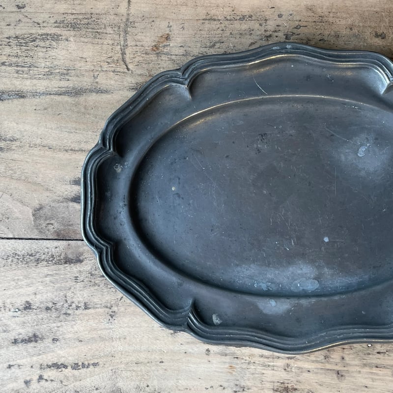 ピューター 花リムオーバルプレート 26.5cm フランスアンティーク ⑲