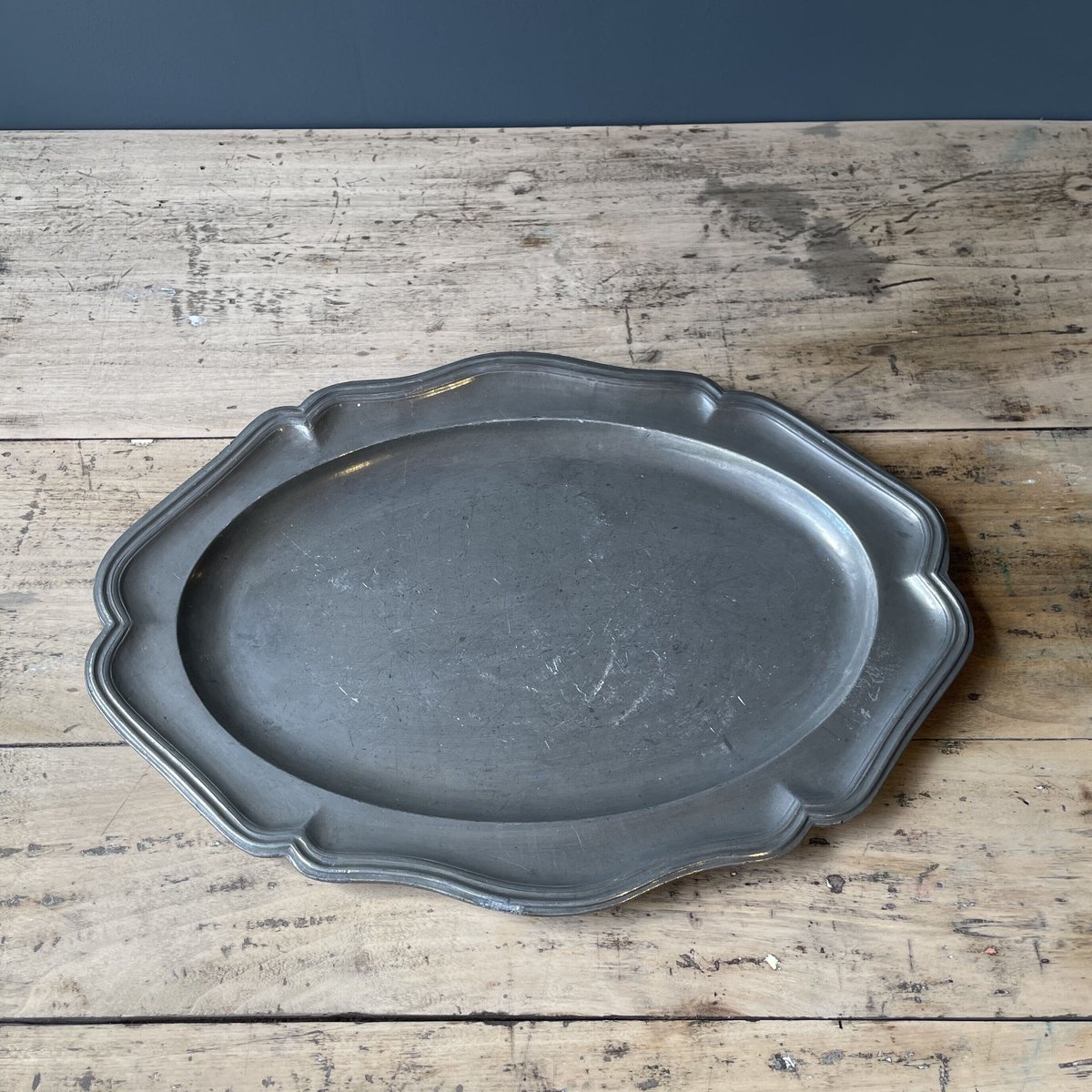 ピューター オーバルプレート 花リム 大皿 エタン　フランスアンティーク ピューター オーバルプレート 花リム 大皿 エタン フランス