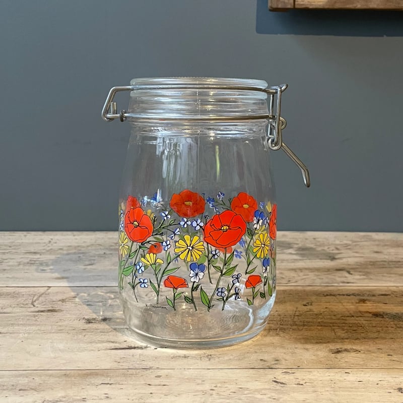 花柄 蓋付きガラス保存瓶 キャニスター 1L フランスビンテージ