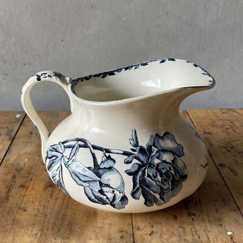 H.BOULENGER＆Cie 陶器ピシェ 花柄ブルー フランスアンティーク ②