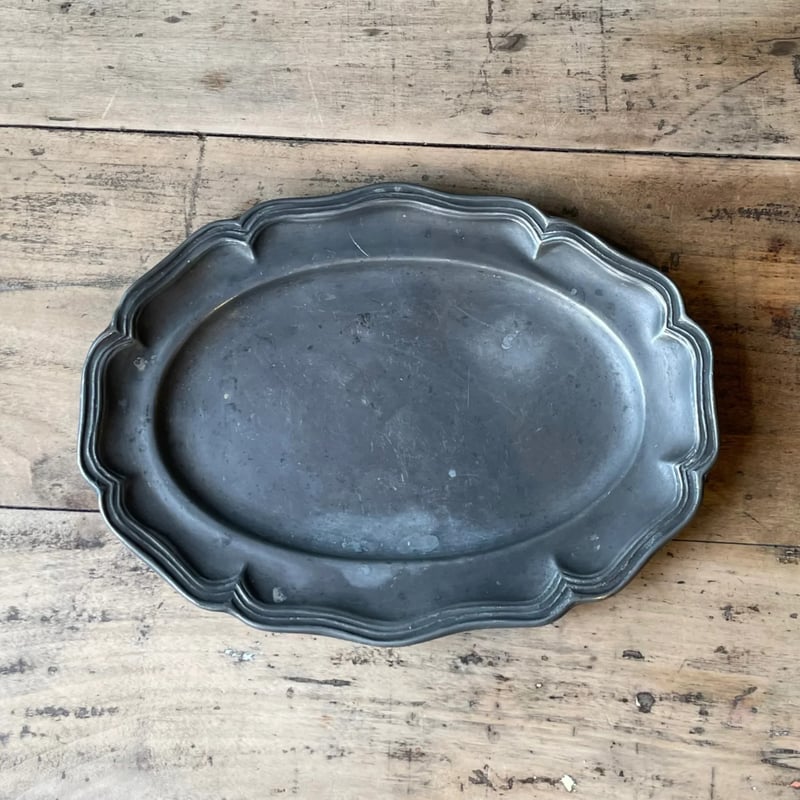 ピューター 花リムオーバルプレート 26.5cm フランスアンティーク ⑲