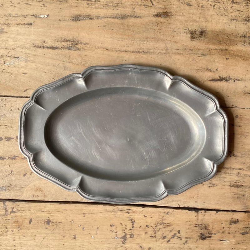 ピューター 花リムオーバルプレート フランスアンティーク 23cm ㉒