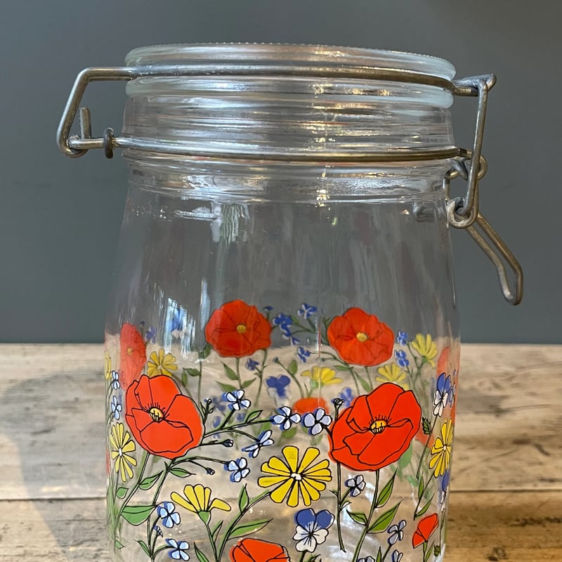 花柄 蓋付きガラス保存瓶 キャニスター 1L フランスビンテージ
