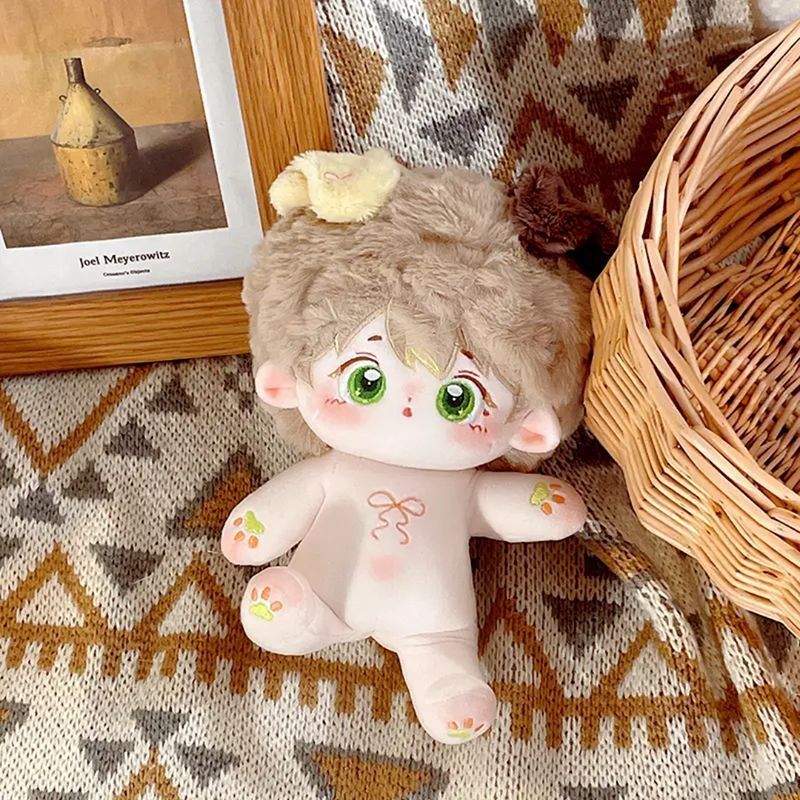 20cm 無属性 ぬいぐるみ 獣耳付け男の子 茶髪緑の目着せ替えぬいぐるみ
