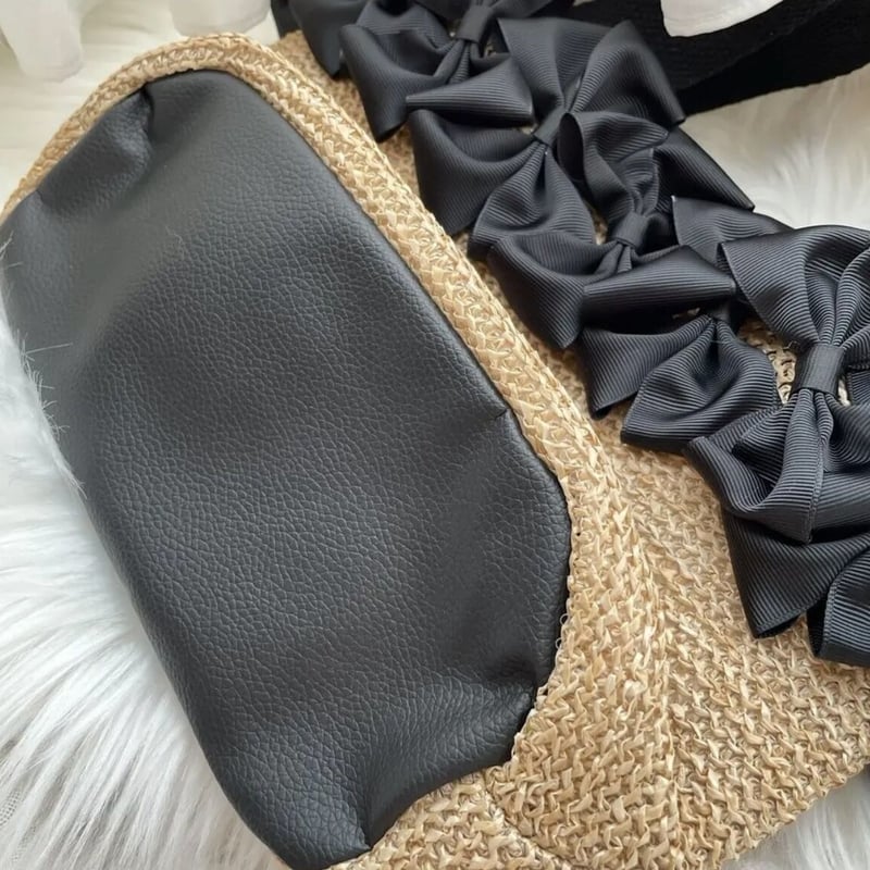 ベージュ かごバッグ 黒いリボン付き 倉敷帆布のインナーバッグ付き2WAYかごバッグ/リボンバッグ