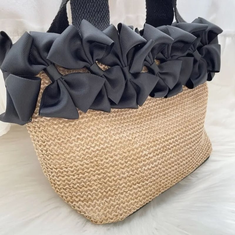 ベージュ かごバッグ 黒いリボン付き 倉敷帆布のインナーバッグ付き2WAYかごバッグ/リボンバッグ