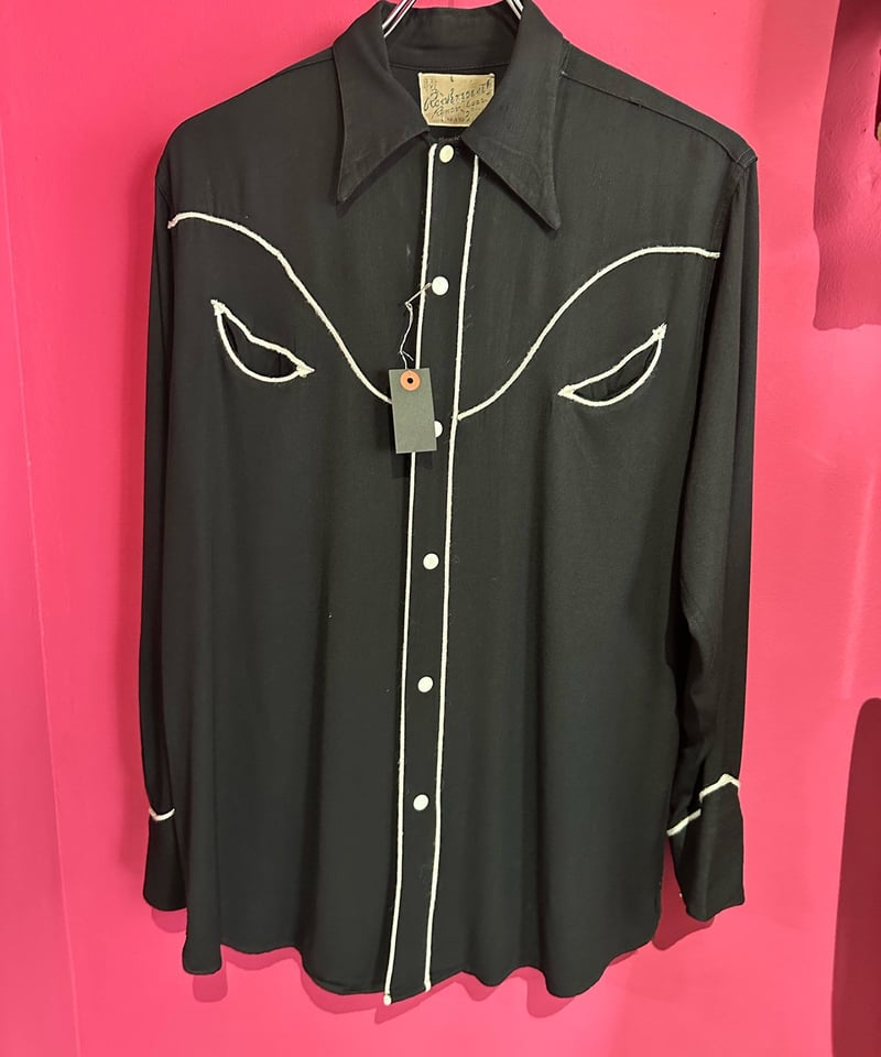 50s PNK Rayon Shirt ピン黒 50s atomic pattern pink kasuri black rayon shir