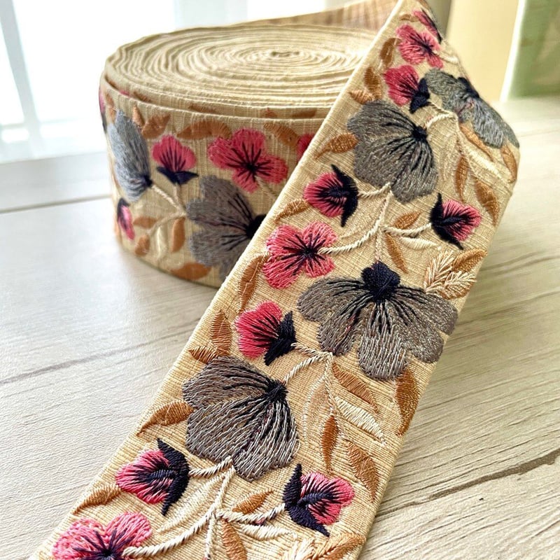 インド刺繍リボン/花柄/淡い色合い/5cm/4色 | 笹雪sasayuki