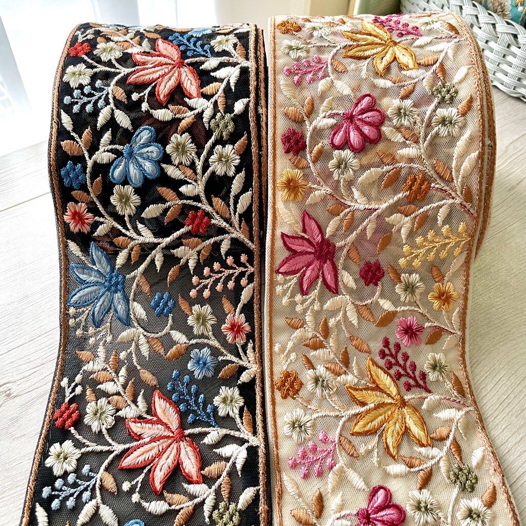 インド刺繍リボンのお花のターバン② インド刺繍リボン/幅広/花柄/チュール/2色 | 笹雪sasayuki