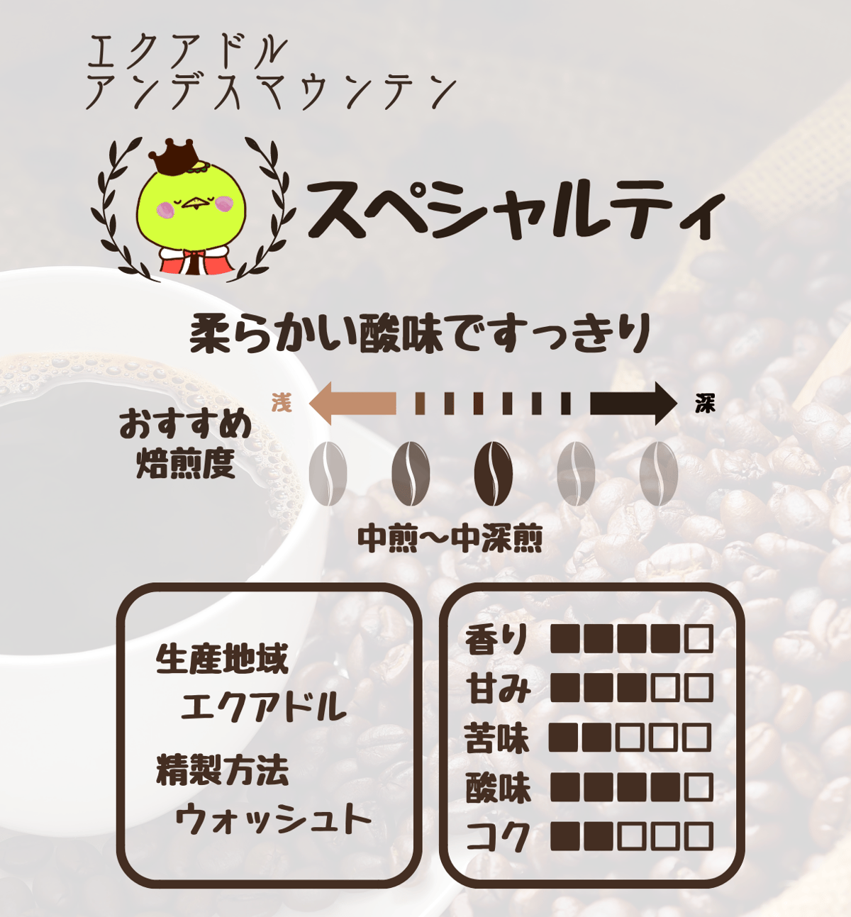 エクアドル アンデスマウンテン・焙煎豆300g | かっぱ印の珈琲豆店