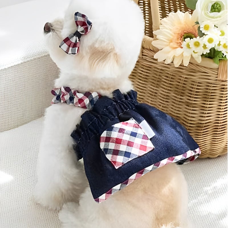 SALE】デニム×チェックワンピース 犬服 ペット服 ワンピース 春