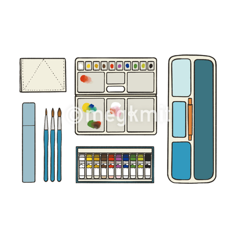 絵の具・習字道具のイラストカット21点セット
