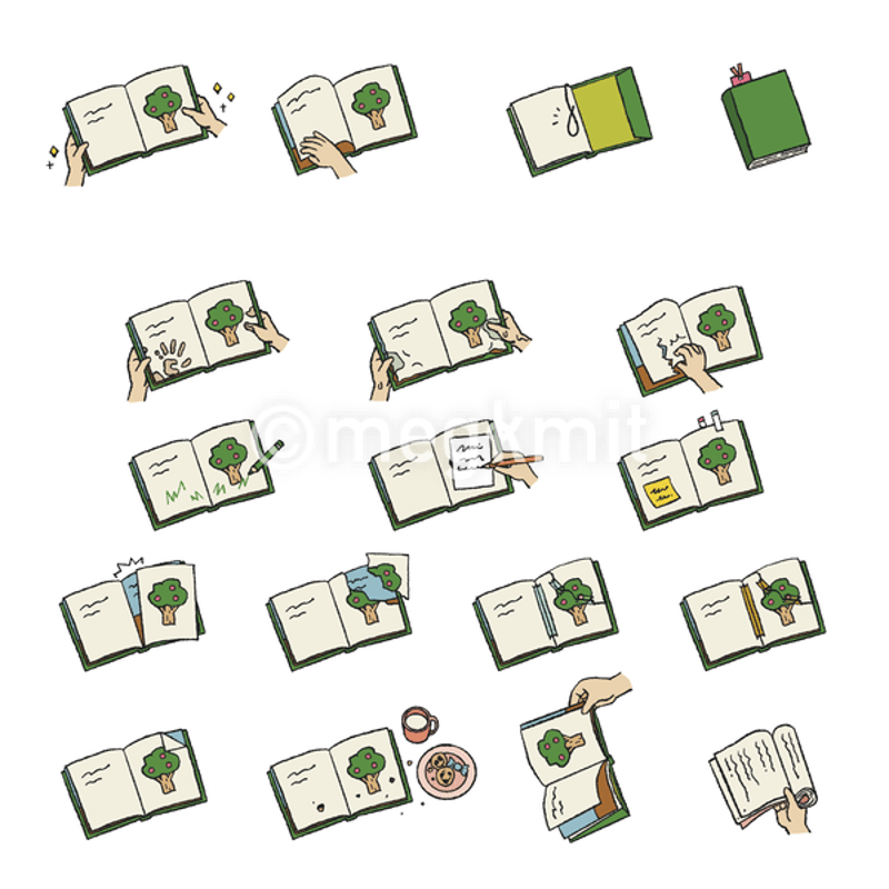 本の取り扱いイラストカット：43点セット（カラー・モノクロ両対応