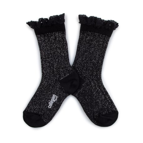 【collegien】Victorine/Glitter Ribbed Crew Socks with Lace Trim