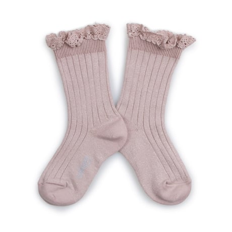 【collegien】Victorine/Glitter Ribbed Crew Socks with Lace Trim