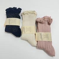 【collegien】Victorine/Glitter Ribbed Crew Socks with Lace Trim