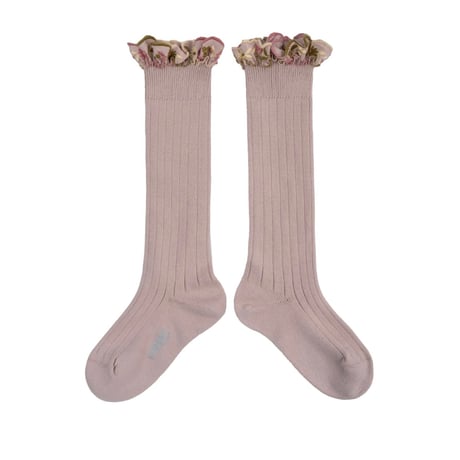 【collegien】Eglantine/Embroidered Ruffle Ribbed Knee-high Socks