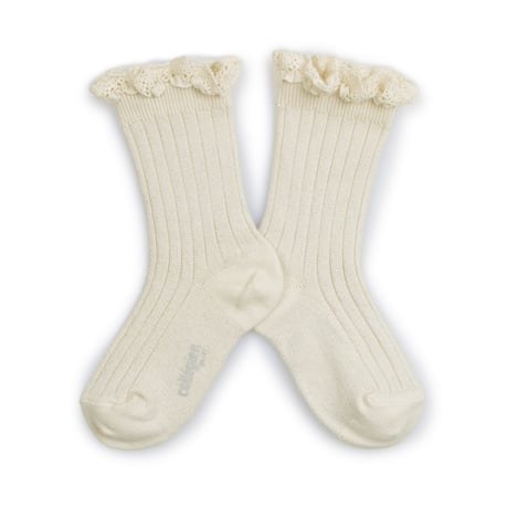 【collegien】Victorine/Glitter Ribbed Crew Socks with Lace Trim